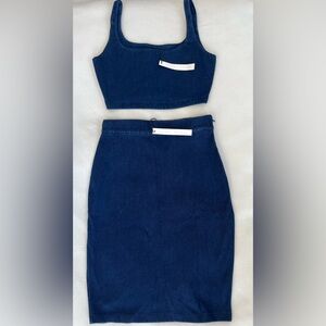 Susana Monaco Stretch Denim Crop Top & Midi Skirt Set Dark Blue Size Medium NWT